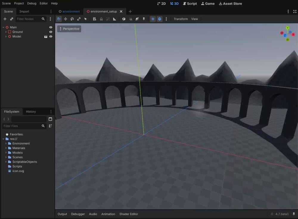 How to Use Godot Materials and Set Up 3D Environments 16 The Godot 3D viewport showing the imported environment, with a Scene tree containing only the ground and model nodes.