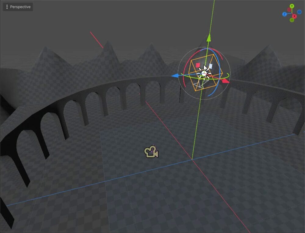 How to Use Godot Materials and Set Up 3D Environments 17 A DirectionalLight3D node in the Godot viewport with its rotation gizmo angled down over the scene.