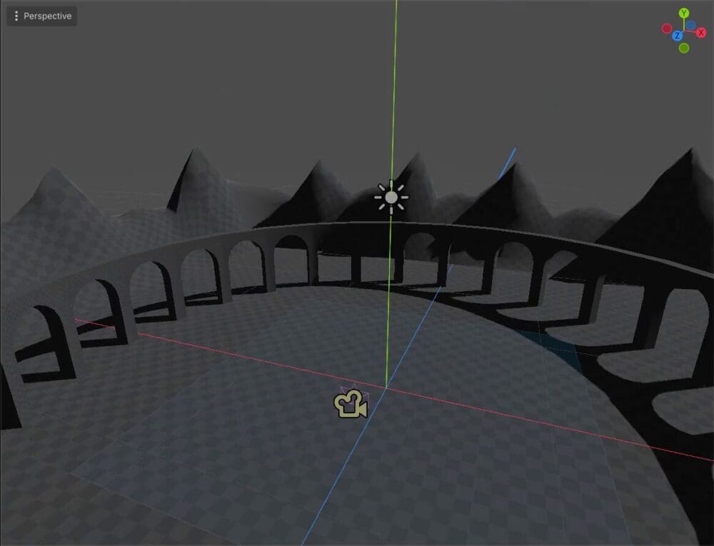 How to Use Godot Materials and Set Up 3D Environments 18 The Godot scene rendered against the default flat grey background before a WorldEnvironment node is added.