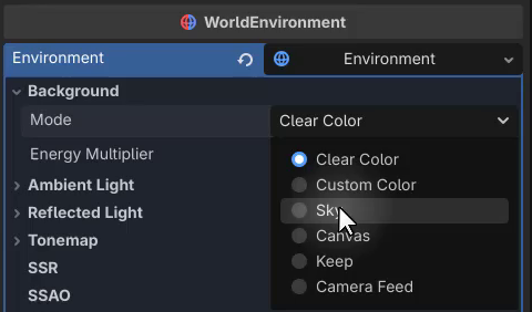 How to Use Godot Materials and Set Up 3D Environments 19 The WorldEnvironment Inspector with the Background Mode dropdown open, showing Clear Color, Custom Color, Sky and other options.