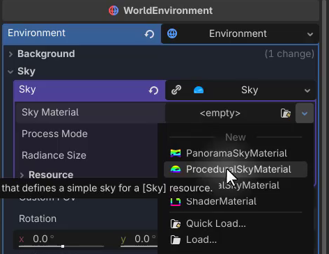 How to Use Godot Materials and Set Up 3D Environments 20 The Sky Material dropdown in Godot listing PanoramaSkyMaterial, ProceduralSkyMaterial and ShaderMaterial options.