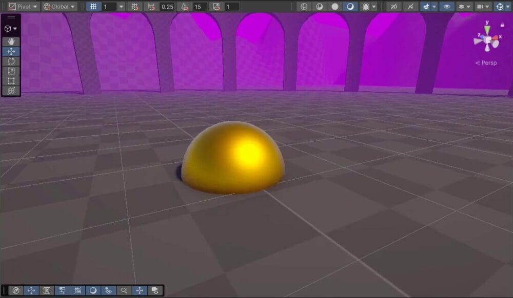 How to Use Godot Materials and Set Up 3D Environments 22 A gold metallic sphere reflecting the surrounding purple skybox, demonstrating environment reflections.