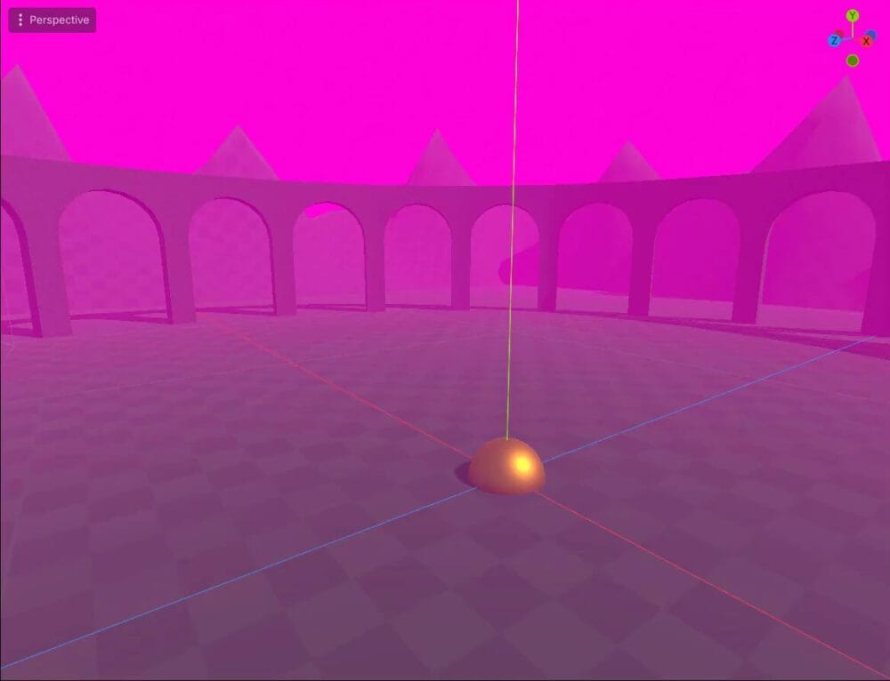How to Use Godot Materials and Set Up 3D Environments 23 The Godot colonnade scene tinted with colored fog, with a glowing sphere visible on the ground.