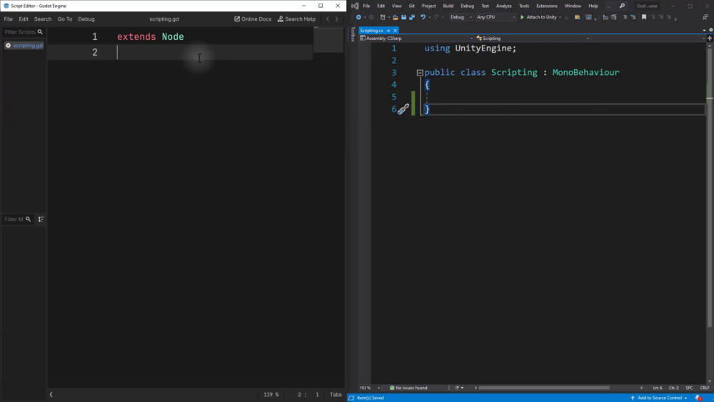 How to Add Godot Mouse Look to a First-Person Camera 4 A blank GDScript file open in Godot's built-in script editor on the left, next to the equivalent Unity C# script open in Visual Studio on the right, showing Godot's single line of boilerplate compared to Unity's several lines.
