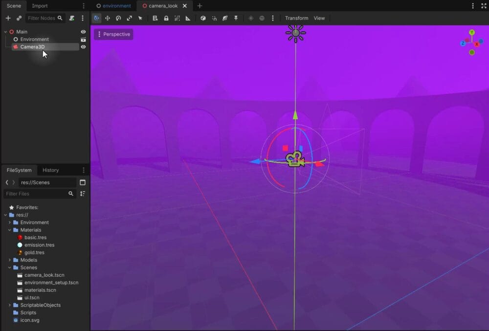 How to Add Godot Mouse Look to a First-Person Camera 6 The Godot editor with the Camera3D node selected in the Scene tree, where the camera look script is attached.