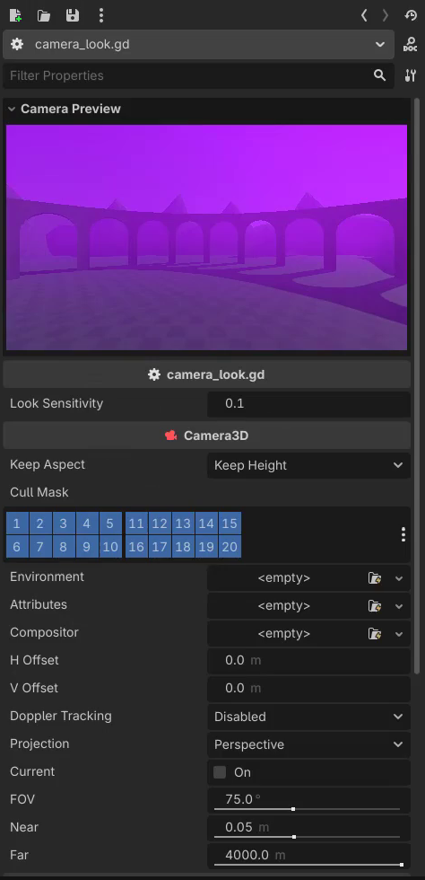 How to Add Godot Mouse Look to a First-Person Camera 7 The Godot Inspector showing the Look Sensitivity property exposed at 0.1 after adding @export to the variable.
