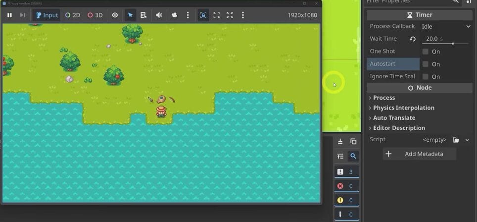 A pixel-art player stands at the edge of the water holding a fishing rod, with the Timer Autostart property shown in the Godot Inspector.