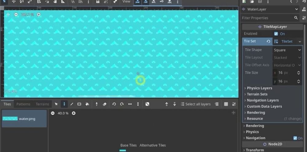 The Godot WaterLayer tilemap with its tile size set to 16 pixels in the Inspector.