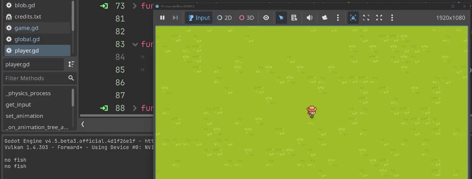 The running game on grass with the Output panel printing no fish.