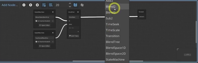 The Godot AnimationTree graph with the node menu open to add a Blend2 node.