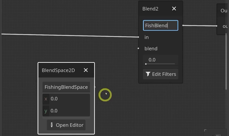 The FishingBlendSpace BlendSpace2D connected into the FishBlend Blend2 node in the AnimationTree.