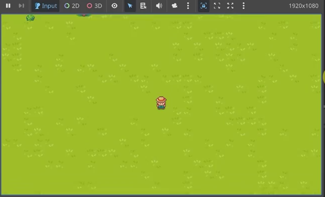 Top-down Godot game showing the player character on a grassy field after the fishing action was automatically cancelled.