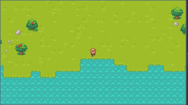 Top-down Godot game showing the player character beside the water using the fishing rod.