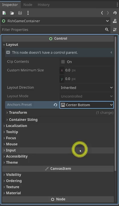Godot Inspector showing the FishGameContainer Layout with the Center Bottom anchor preset.