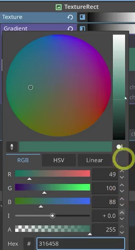 Godot gradient editor with the bluish hex color 316458 entered for a color stop.