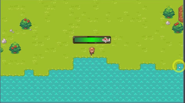 Running game with the player at the water and the active fishing minigame bar shown.