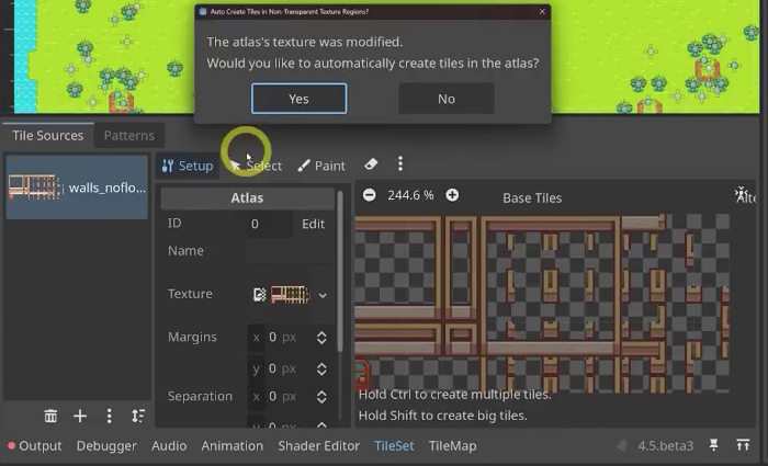 Godot TileSet editor adding the walls atlas, with the Auto Create Tiles dialog open.