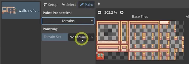 Godot Paint tab showing the Walls terrain with the wall tiles enabled for auto-tiling.