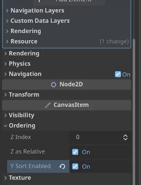 The Inspector Ordering section with Y Sort Enabled checked on the Walls Layer.