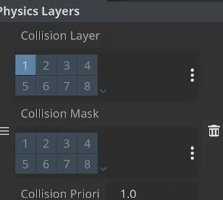The TileSet Inspector Physics Layers section with collision layer 1 selected.