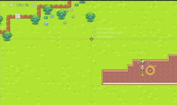 The player character standing inside the finished house, showing the walls block movement.