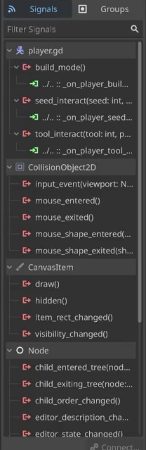 The Godot Signals dock showing the build_mode signal connected to the game script.