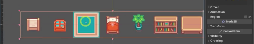 The objects.png spritesheet of seven buildable objects assigned to the PreviewSprite, with the Inspector frame and region settings.