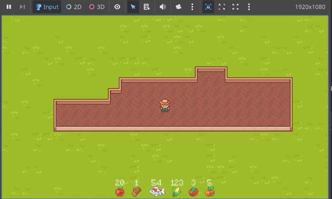 Top-down cozy farming game running in Godot with the player character and a resource bar at the bottom.