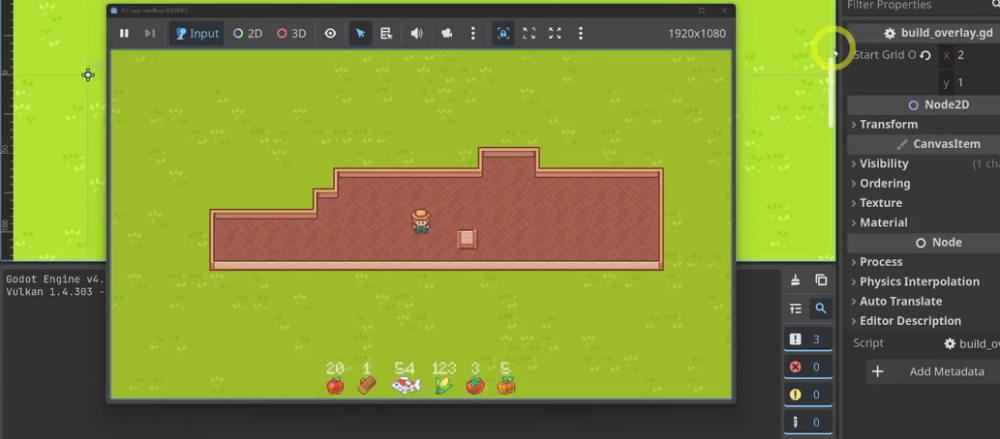Godot editor with the BuildOverlay node selected, showing the running game and the Inspector panel with its properties.