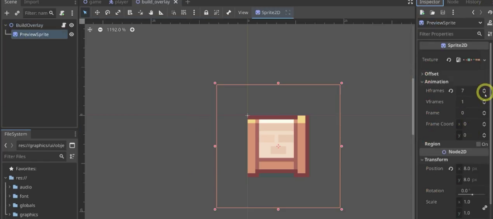 Godot editor showing the PreviewSprite node and its seven-frame sprite sheet of buildable objects in the Inspector.