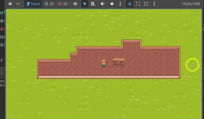 Running Godot game with a bookshelf object selected and previewed in build mode after toggling buildable objects.