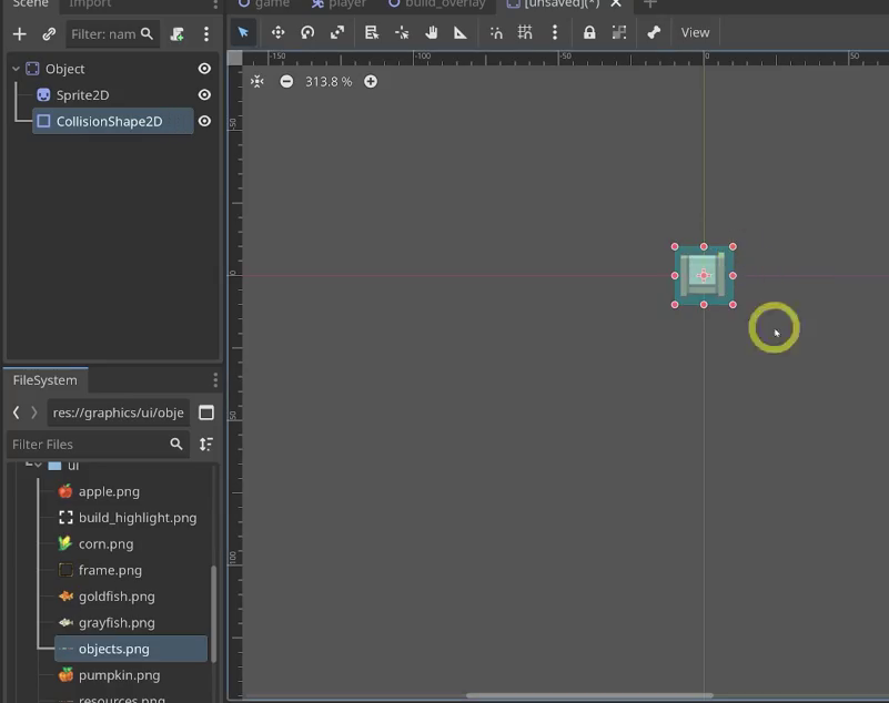 Godot Scene dock showing the Object StaticBody2D root with a Sprite2D and a CollisionShape2D child.