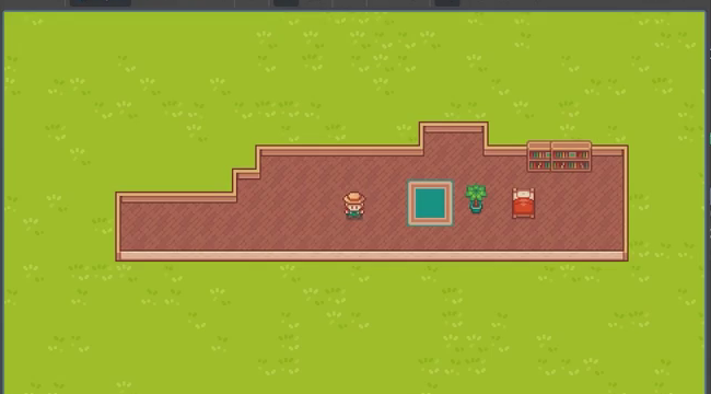 Running game showing a bed, plant, shelf and carpet placed inside the house.