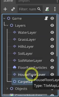 Godot Scene dock with the CarpetLayer Node2D selected inside the Layers group.